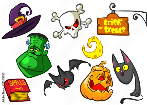 Cartoon set of Halloween symbols and characters. Vector illustration
