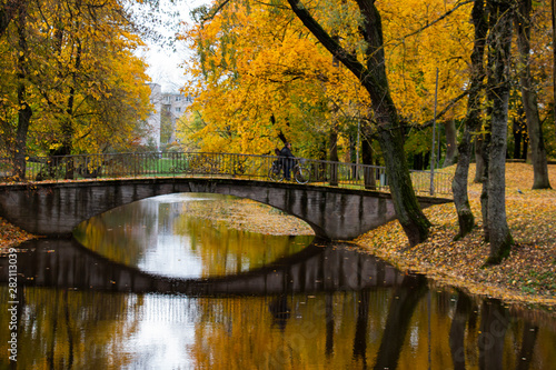 in the city autumn park the bridge over a small river