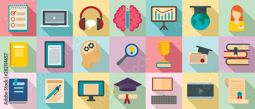 Staff education icons set. Flat set of staff education vector icons for web design