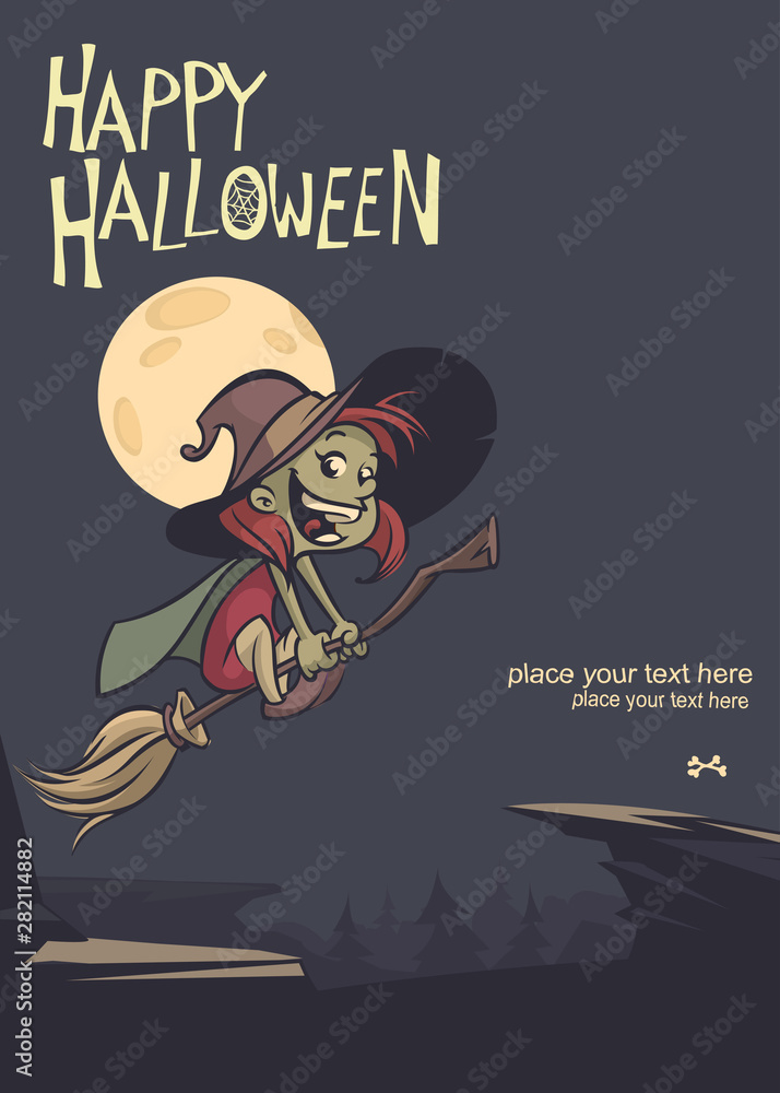 Halloween background with cute witch flying on her broom