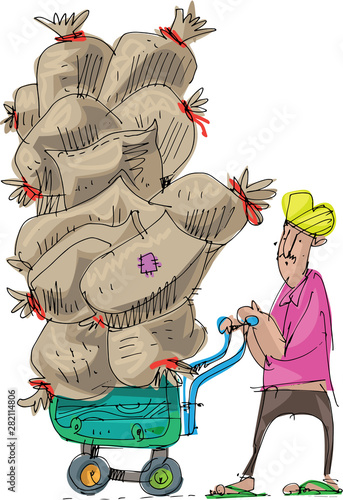 An indian street worker draws really heavy wheelbarrow full of sacks. Cartoon. Caricature.
