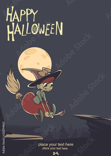 Halloween background with cute witch flying on her broom