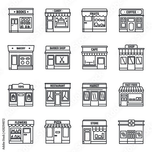 Local business store icons set. Outline set of local business store vector icons for web design isolated on white background