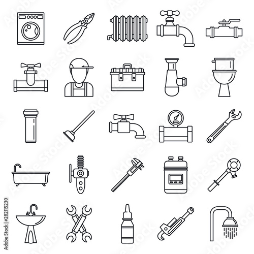 Plumbing repair icons set. Outline set of plumbing repair vector icons for web design isolated on white background