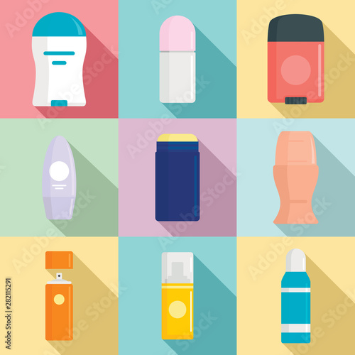 Deodorant icons set. Flat set of deodorant vector icons for web design
