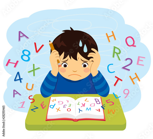 Confused kid looking at letters and numbers flying out of a book