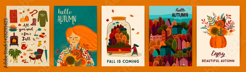 Set of cute autumn illustrations. Vector templates for card, poster, flyer, cover and other use.