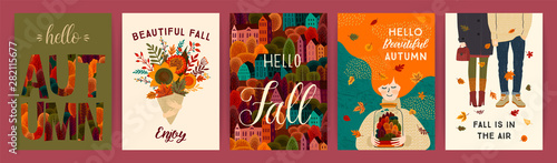 Set of cute autumn illustrations. Vector templates for card, poster, flyer, cover and other use.