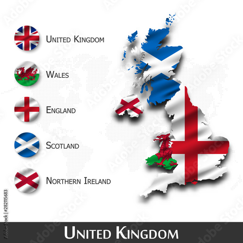 United kingdom of great britain map and flag ( Scotland . Northern ireland . Wales . England ) . Waving textile design . Dot world map background . Vector .