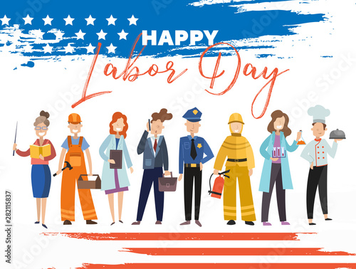 Happy Labor Day card or poster design with a group of people from the community in different occupations standing in a line below text on a blue background, colorful vector illustration
