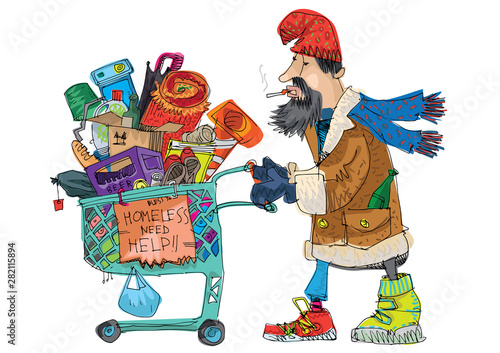 A poor homeless guy with old supermarket cart full of trash and all kind of stuff. Caricature. Cartoon