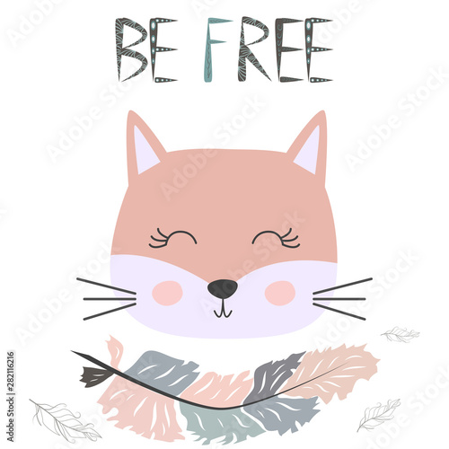 Cute sweet little cat girl smiling face art. Lettering quote Be Free. Kids nursery scandinavian hand drawn illustration. Graphic design.