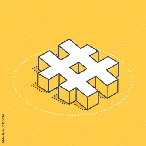 isometric vector icon on a yellow background, hashtag signe for social networks