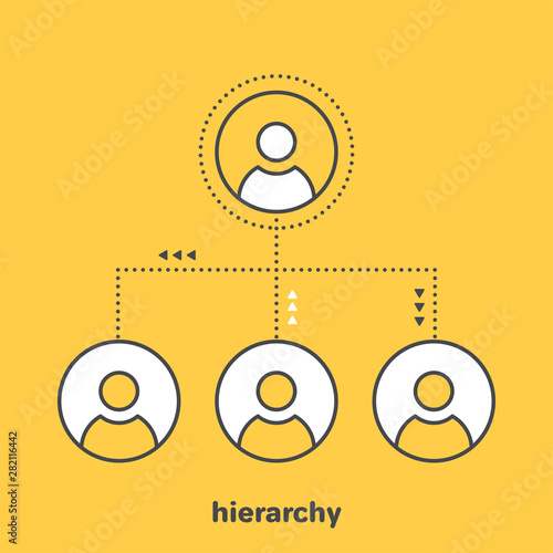 linear vector image on a yellow background, icons of men arranged in a hierarchical diagram united among themselves, business team