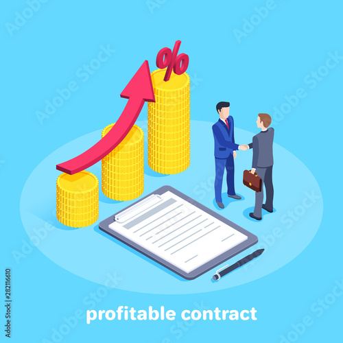 isometric vector image on a blue background, men in a business suit shake hands to sign a mutually beneficial contract, income growth and financial success.