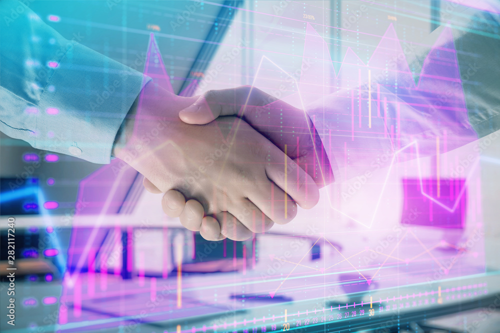 Multi exposure of financial graph on office background with two businessmen handshake. Concept of success in business Multi exposure of financial graph on office background with two businessmen handshake. Concept of success in business