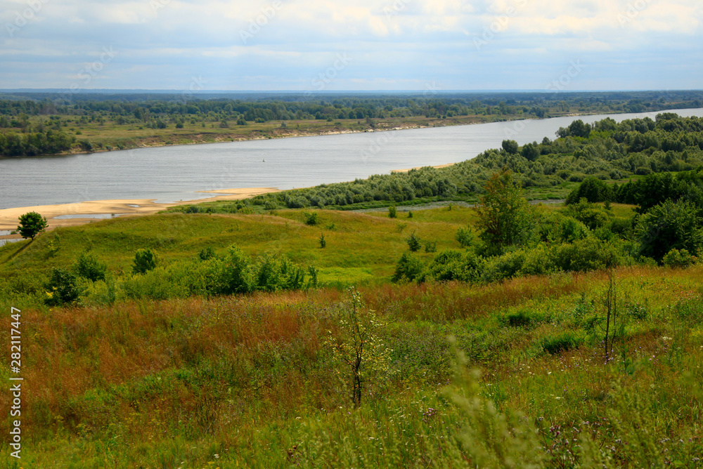 Beautiful summer landscape river Oka. Ryazan Region. Wild nature of Russia.
