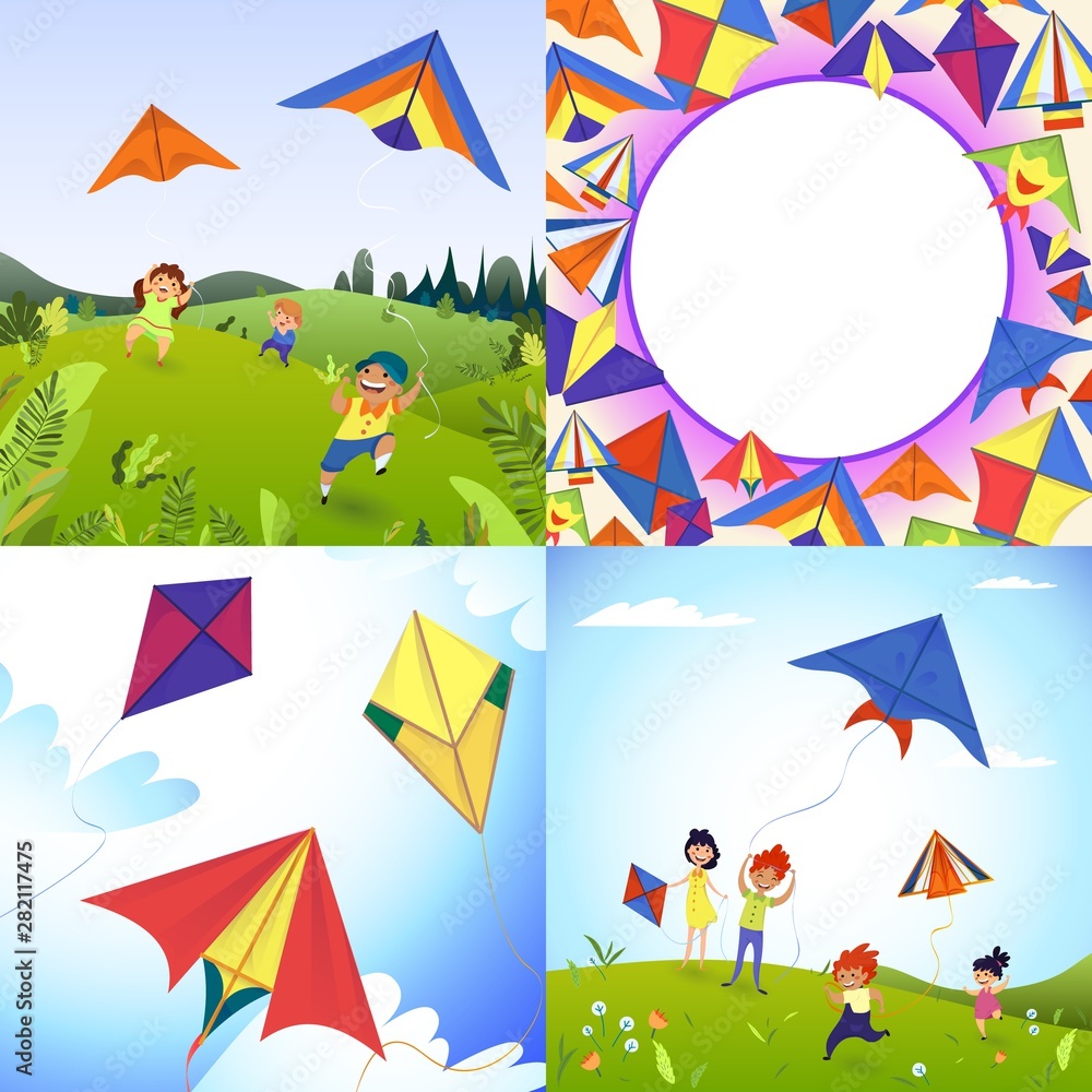 Kite banner set. Cartoon illustration of kite vector banner set for web design