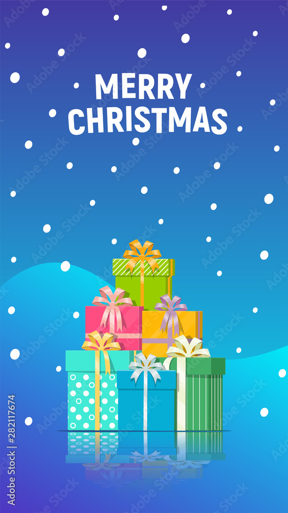 Vertical Christmas template for social media. Christmas banner. Stacked gift boxes on blue gradient background. Winter holiday with pile presents. Vector illustration.