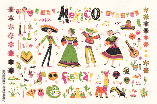 Vector set of mexico elements, skeleton characters, animals in flat hand drawn style isolated on white background. Icons for fiesta, celebration, national patterns, decoration, traditional food.