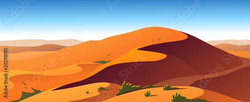 Vector flat landscape minimalistic illustration of hot desert nature view: sky, dunes, sand, plants. Good for travel banner, card, vacation touristic advertising, brochure, flayer etc.
