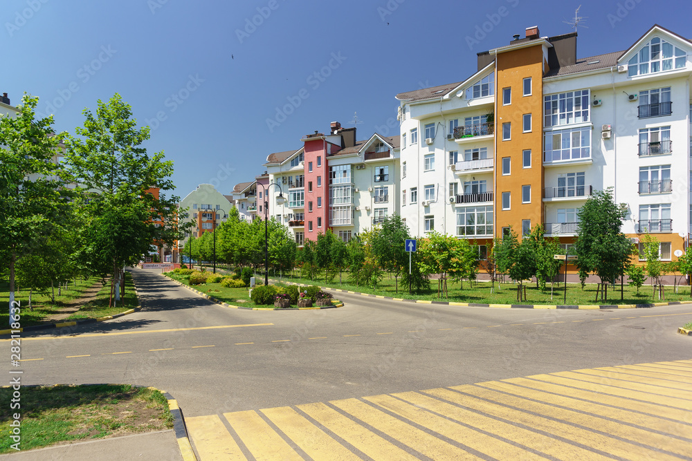 Low-rise building on the street in the neighborhood of Goethe Avenue German Village in Krasnodar
