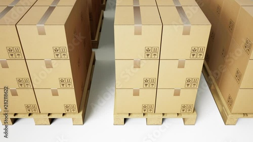 Pallets and brown cardboard boxes with goods arranged in row on white background. Seamless loop 60 fps animation.