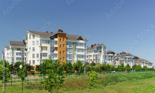 Low-rise building on the street in the neighborhood of the Venetian German Village in Krasnodar