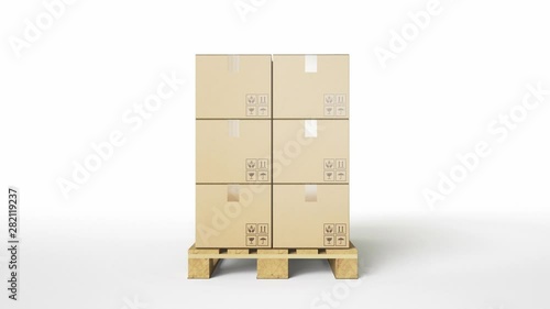 Wooden pallet with brown cardboard boxes on white background. Camera dolly slides. 60 fps animation.
