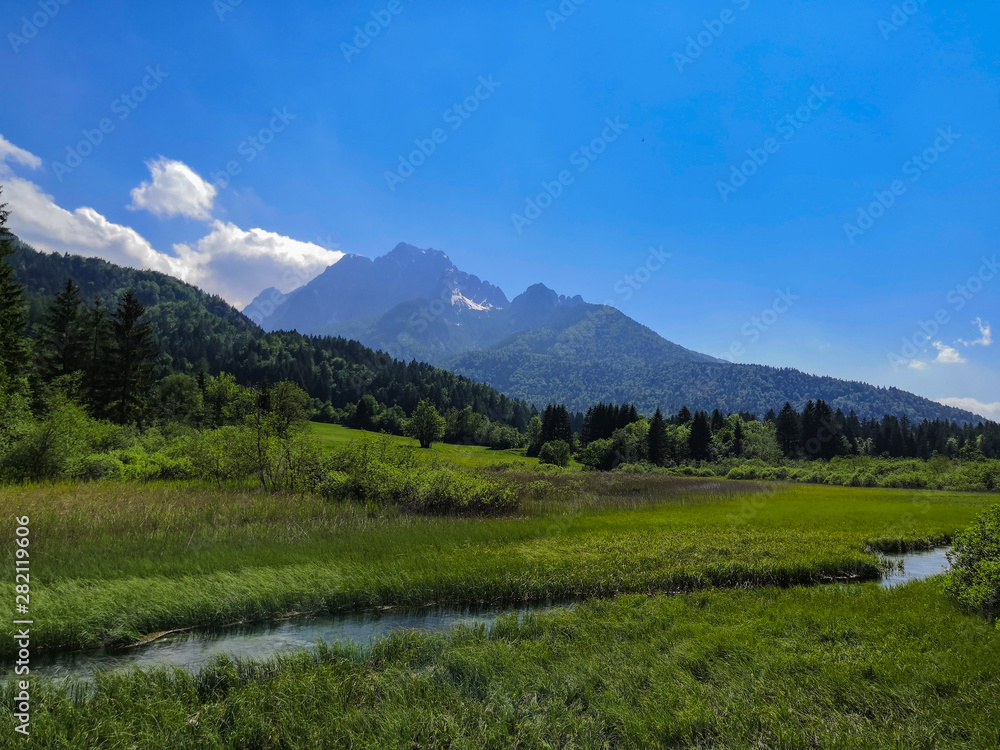 Beautiful view to Sava Spring and montains