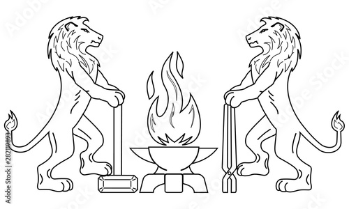 Vector. Gothic emblem of the medieval guild of blacksmiths, craftsmen. Two calm lions stand with tools near the anvil. Flame in the form of a bird Phoenix. Element of design. photo