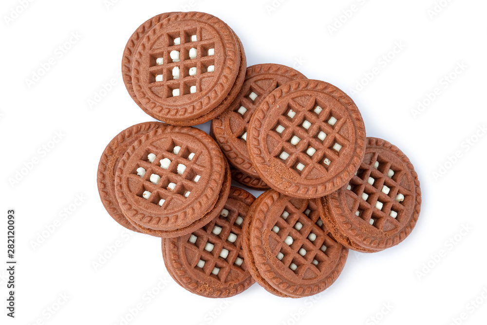 Brown chocolate milky cream filled cookies isolated. Top view Brown chocolate milky cream filled cookies isolated. Top view