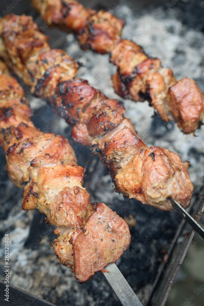 Barbecue.Juicy pieces of meat on skewers