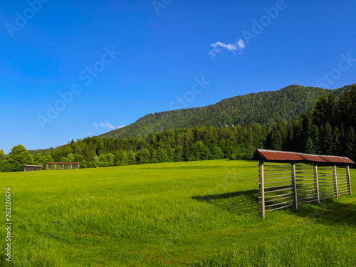 Beautiful Alpine landscape of meadow and mountains in Kransjka gora area, Slovenia.