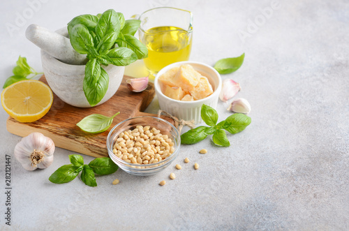 Ingredients for making green pesto sauce 
