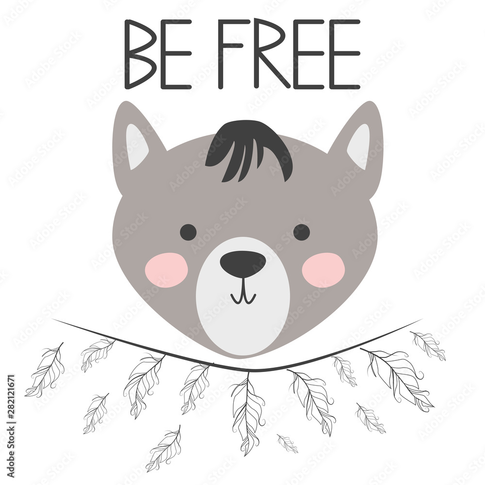 Cute sweet little wolf smiling face with feathers. Inscription quote Be Free. Graphic design. Cute sweet little wolf smiling face with feathers. Inscription quote Be Free. Graphic design.