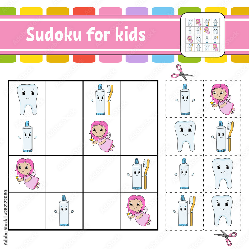 Obraz premium Sudoku for kids. Education developing worksheet. Activity page with pictures. Puzzle game for children. Logical thinking training. Isolated vector illustration. Funny character. Cartoon style.