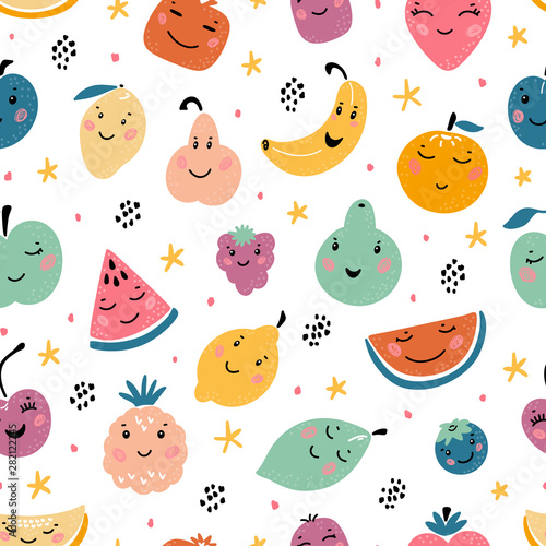 Colorful Vector Seamless Pattern with Cartoon Doodle Funny Cute Fruits and Berries. Summer Kawaii Fruit Food Childish Background