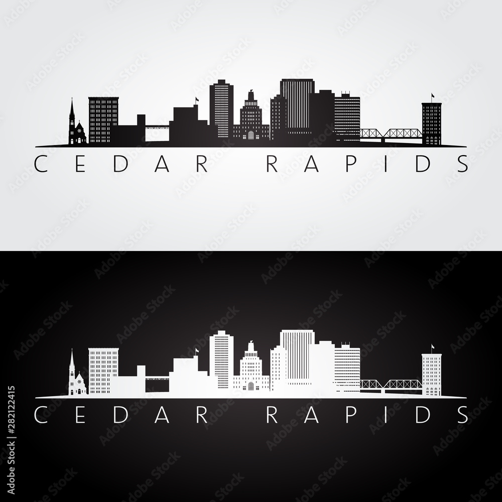 Cedar Rapids, Iowa USA skyline and landmarks silhouette, black and white design, vector illustration.
