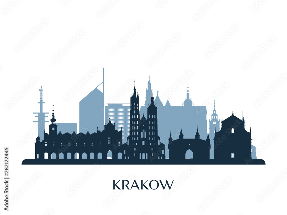 Krakow skyline, monochrome silhouette. Vector illustration.