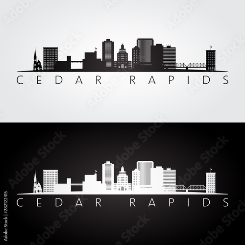 Cedar Rapids, Iowa USA skyline and landmarks silhouette, black and white design, vector illustration.