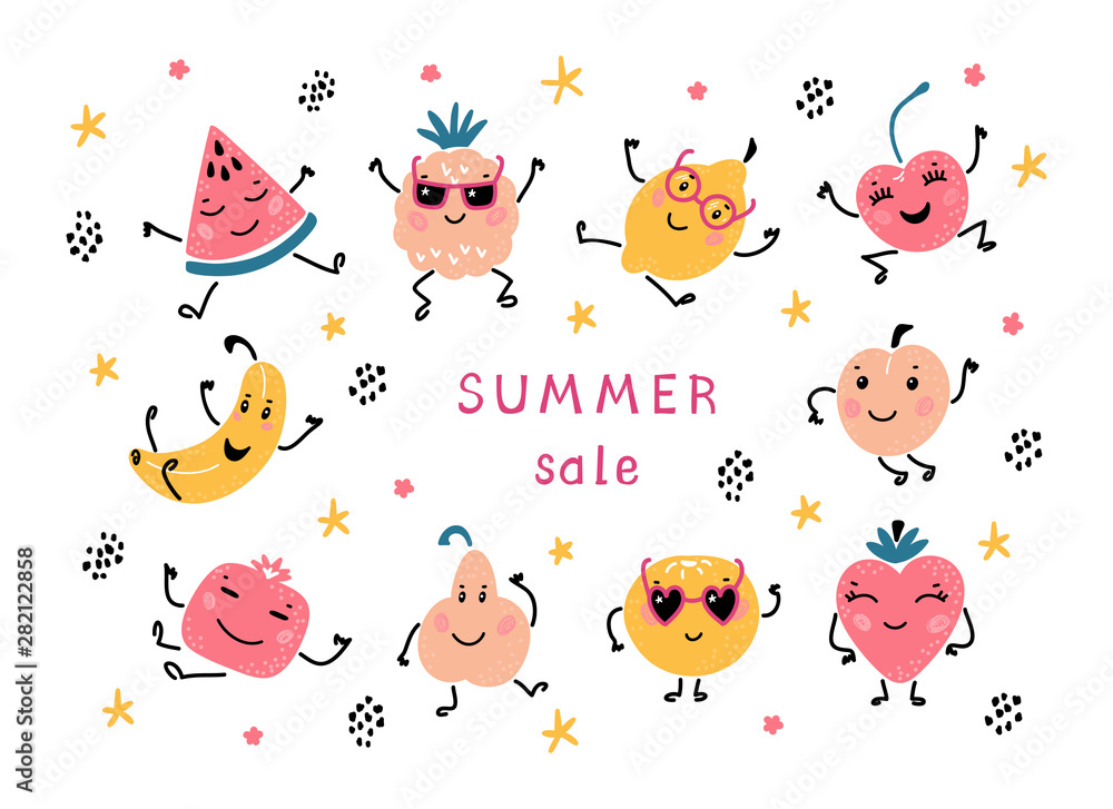Summer Sale Frame Banner with Cartoon Doodle Funny Cute Fruits and Berries.  Vector Colorful Food Set. Happy Kawaii Fruit icons Summer Collection vector  de Stock | Adobe Stock