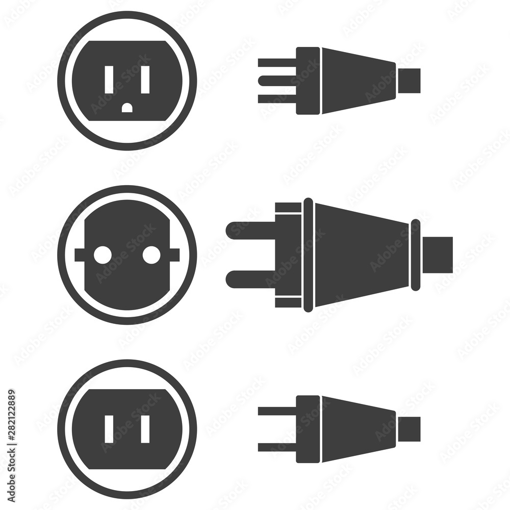Plug Types Icons Icons of electrical plugs and sockets three types. Vector on a ...
