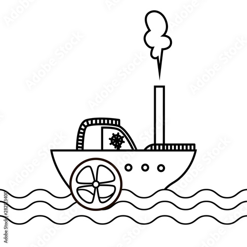 Cartoon ship with waterwheel sailing on sea