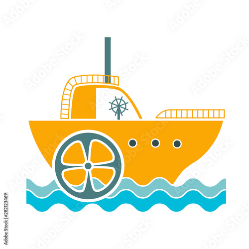 Cartoon ship with waterwheel sailing on sea logo