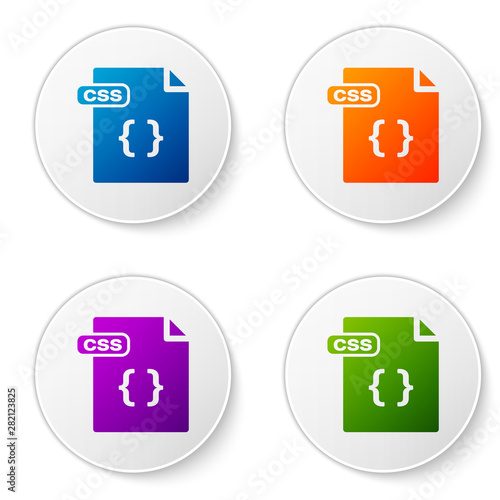Color CSS file document. Download css button icon isolated on white background. CSS file symbol. Set icons in circle buttons. Vector Illustration
