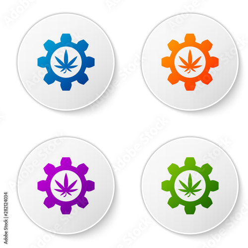 Color Chemical test tube with marijuana or cannabis leaf icon isolated on white background. Research concept. Laboratory CBD oil concept. Set icons in circle buttons. Vector Illustration