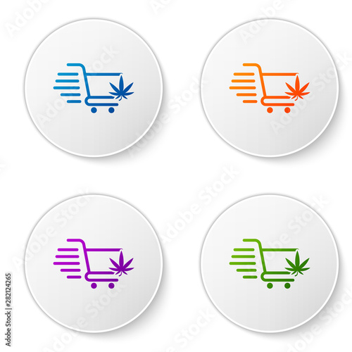 Color Shopping cart with marijuana or cannabis leaf icon isolated on white background. Online buying. Delivery service. Supermarket basket. Set icons in circle buttons. Vector Illustration