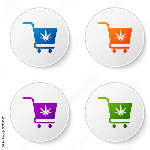 Color Shopping cart with marijuana or cannabis leaf icon isolated on white background. Online buying. Delivery service. Supermarket basket. Set icons in circle buttons. Vector Illustration