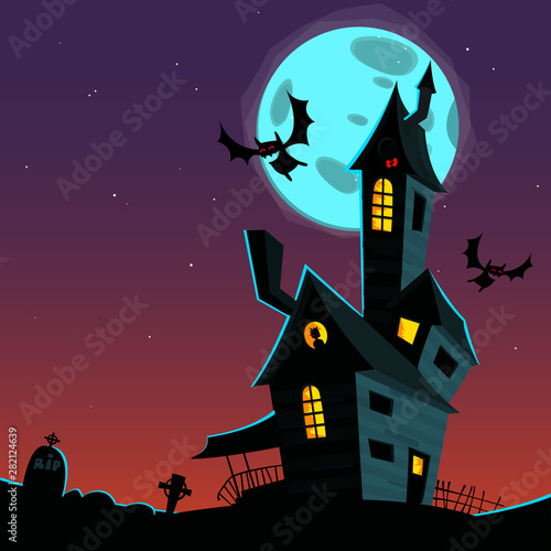 Cartoon scary haunted house. Halloween vector illustration